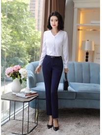 女式白色V领长袖衬衣
