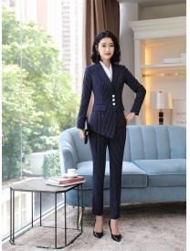 女式三粒扣条纹西装藏蓝色