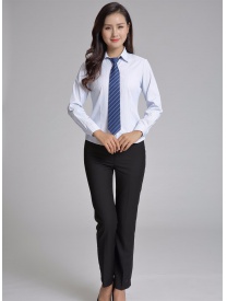女式长袖衬衣 V领白色条纹