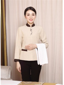 保洁服一粒扣短花边 米黄